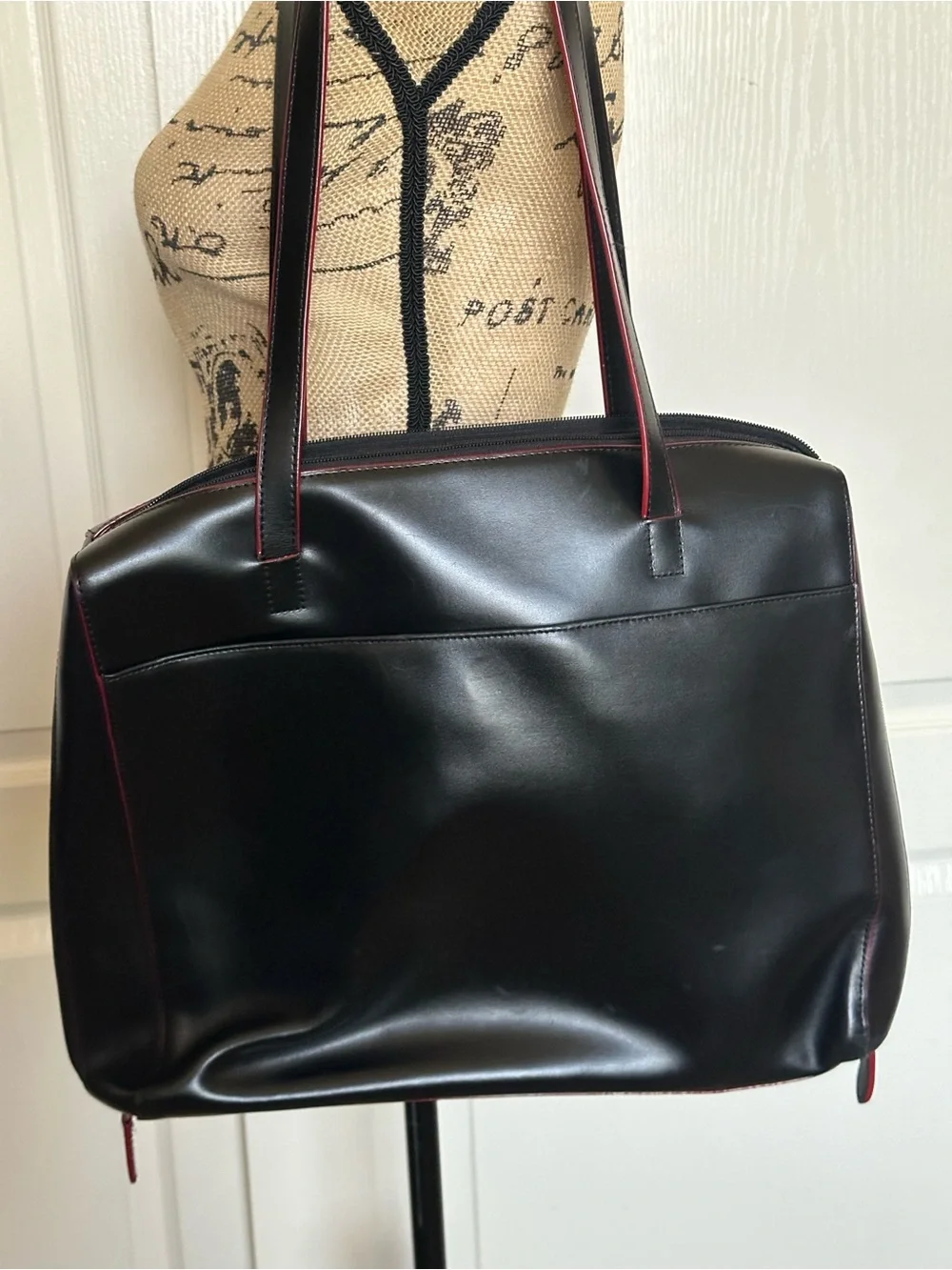 Lodis Black Leather Tote Bag with Red Trim